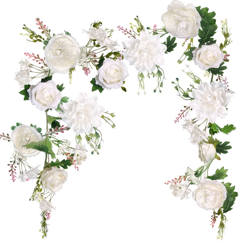 أورج ميموري إكليل زهور الفاوانيا OrgMemory Rose Flower Vine مقاس 6 بوصات لديكور الزفاف وديكور المنزل ومفرش الطاولة (إكليل الفاوانيا العاجي) - Image 1